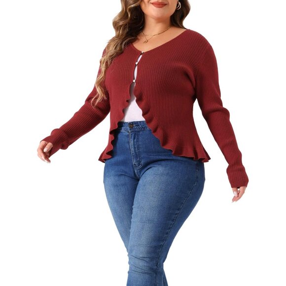 Plus Size Knit Cardigan Long Sleeve Open Front Ruffled Button Casual - Picture 2 of 5